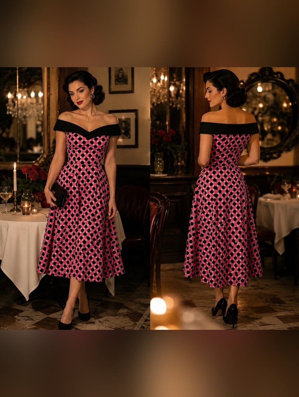 Hearts & Roses Off-the-Shoulder Midi Dress Retro Homecoming Autumn Wedding Guest